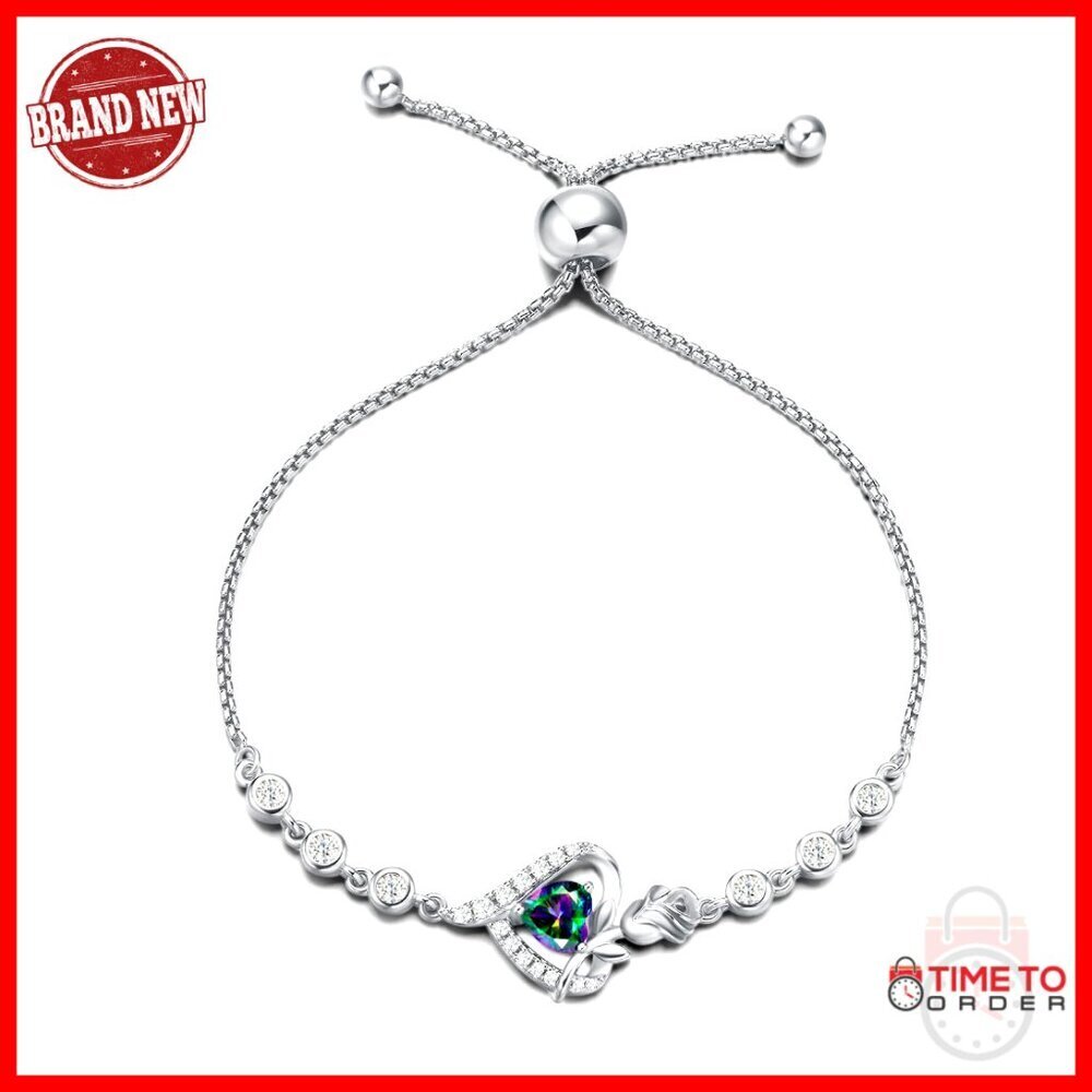 Sterling Silver Tennis Bracelet Elegant Heart Pendant Adjustable Chain